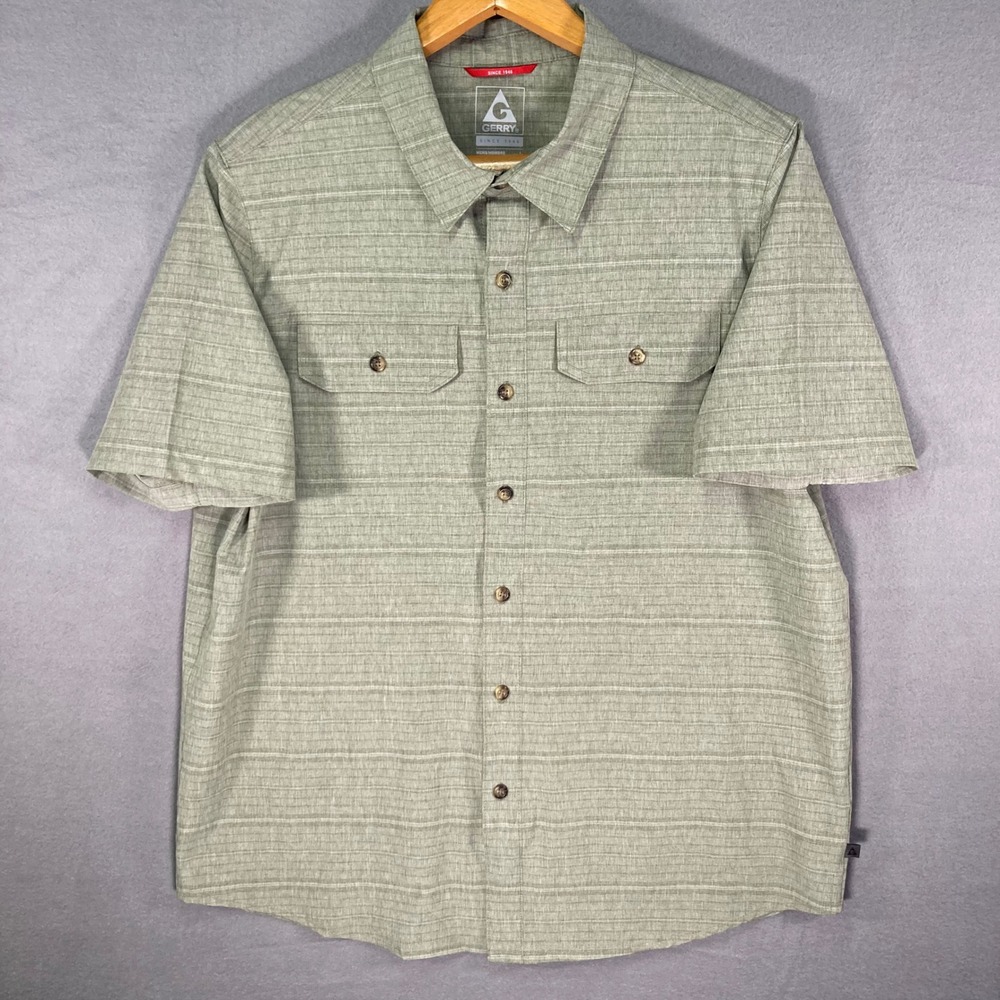 Gerry Shirt Mens Large Khaki‎ Striped Button Down Outdoor Hiking Casual Light